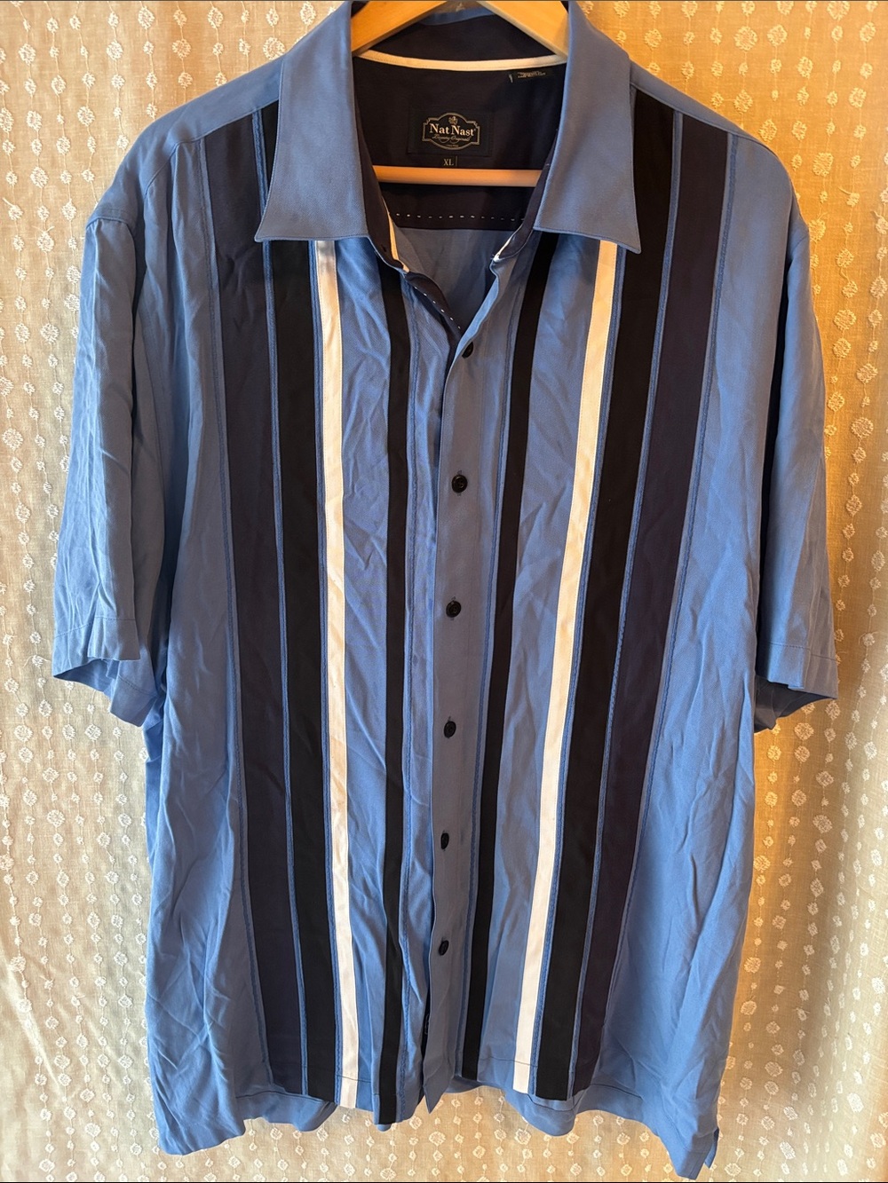 Nat Nast Blue Multi-Stripe Camp-Collar Silk Button Shirt